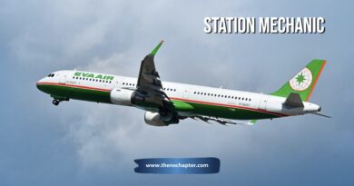 EVA AIR รับสมัครตำแหน่ง Station Mechanic รับเฉพาะผู้ชาย อายุ 22 ปีขึ้นไป จบการศึกษาจากสถาบันการบินพลเรือน, Military School, Aeronautical Engineering หรือที่เกี่ยวข้อง มีใบขับขี่รถยนต์ ขอ TOEIC 550 คะแนนขึ้นไป ทำงานที่สุวรรณภูมิ